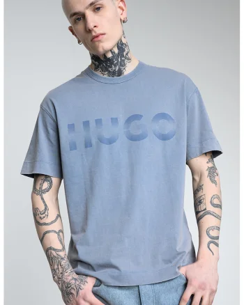Tricou cu decolteu la baza gatului si imprimeu logo, Albastru inchis