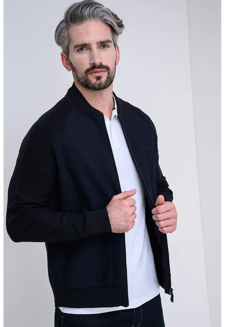 Bluza de trening cu fermoar si model uni, Bleumarin