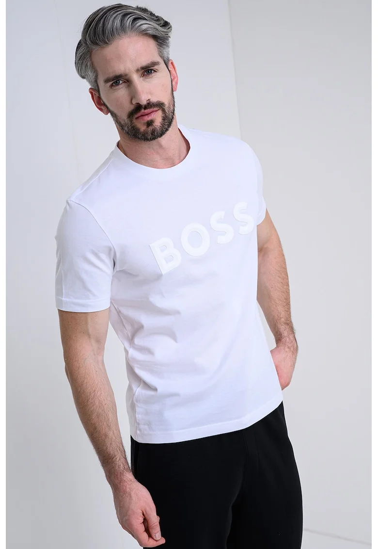 Tricou cu decolteu la baza gatului si imprimeu logo, Alb optic