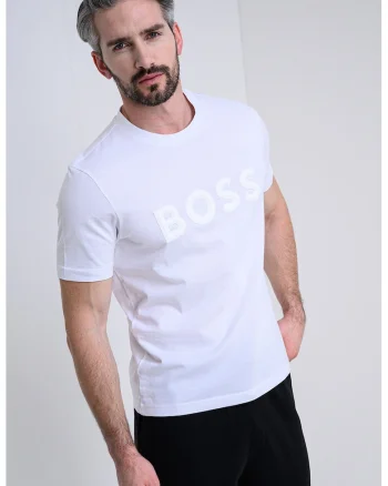 Tricou cu decolteu la baza gatului si imprimeu logo, Alb optic