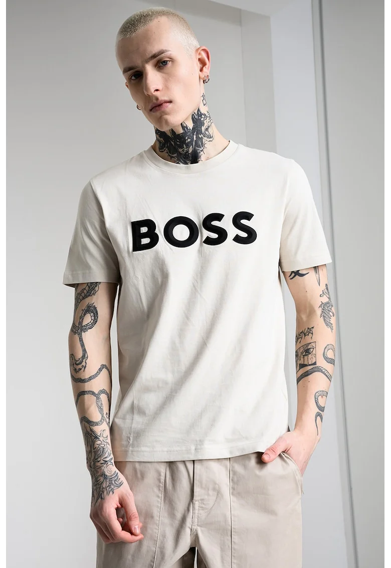Tricou cu decolteu la baza gatului si imprimeu logo, Maro taupe deschis