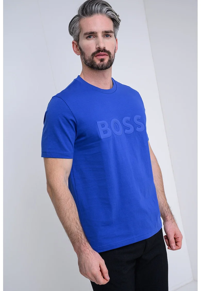 Tricou cu decolteu la baza gatului si imprimeu logo, Albastru royal