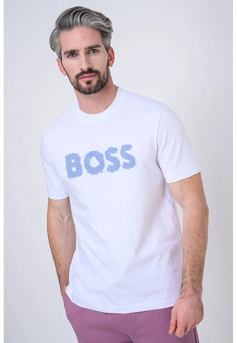 Tricou cu decolteu la baza gatului si logo, Albastru prafuit