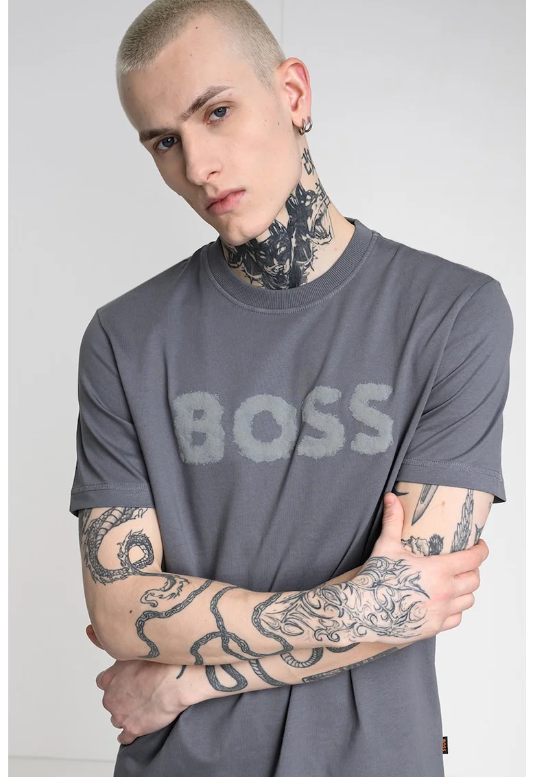 Tricou cu decolteu la baza gatului si logo, Gri inchis