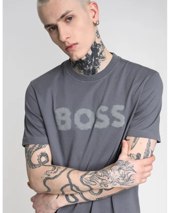 Tricou cu decolteu la baza gatului si logo, Gri inchis