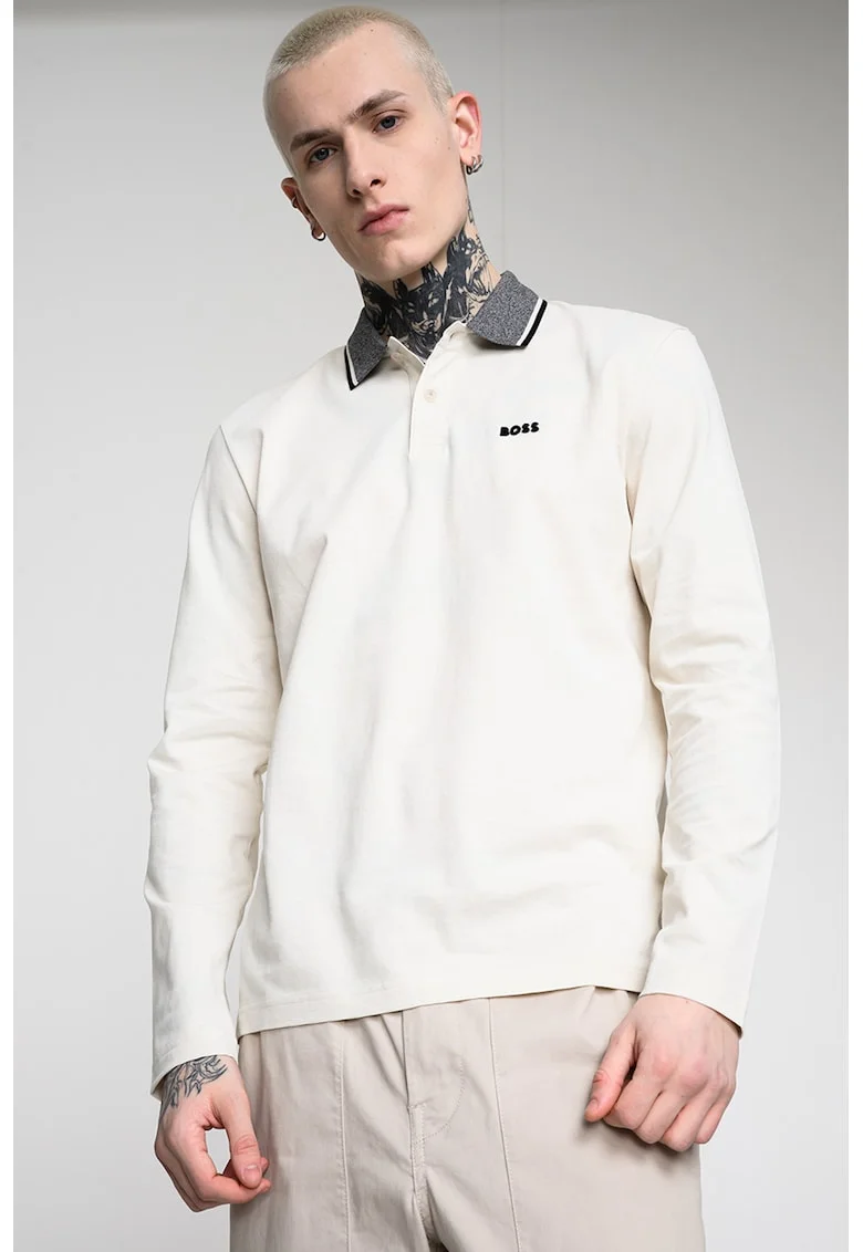 Bluza cu guler polo League Plisy, Gri melange/Crem