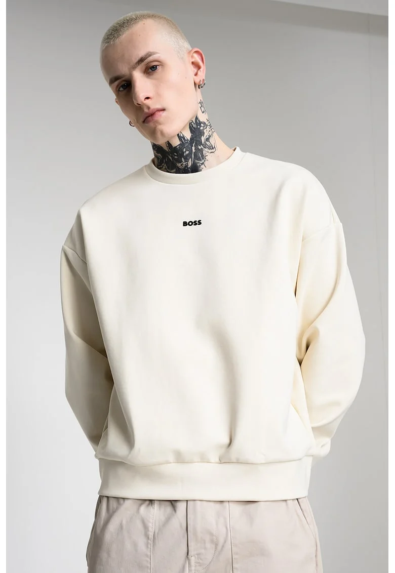 Bluza de trening cu decolteu la baza gatului si detaliu logo, Crem