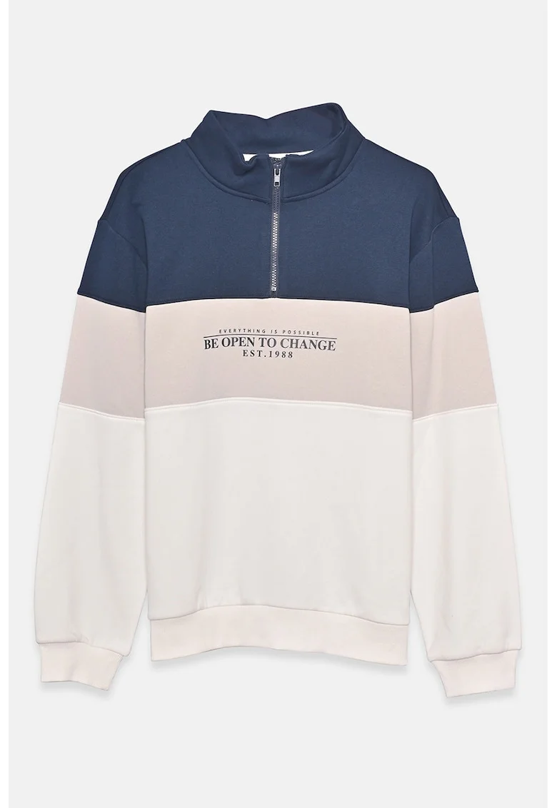 Bluza de trening cu guler si fermoar scurt, Alb/Bleumarin