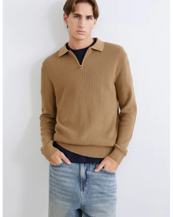 Pulover uni cu fermoar scurt, Caramel