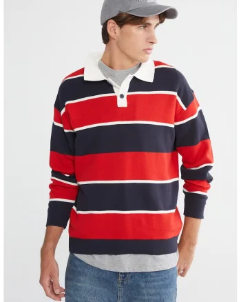 Pulover polo cu dungi, Rosu/Alb/Bleumarin