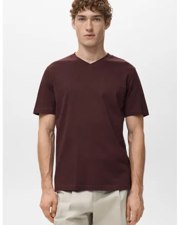 Tricou de bumbac cu decolteu in V, Visiniu