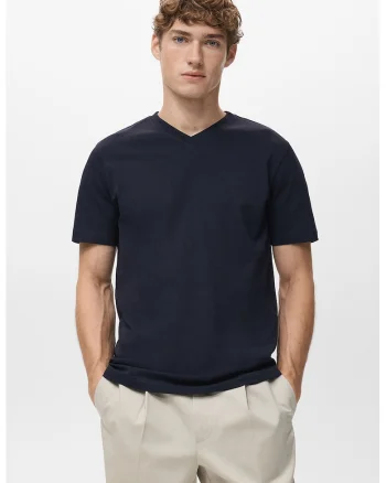 Tricou de bumbac cu decolteu in V, Albastru ultramarin