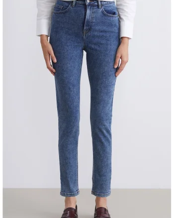 Blugi slim fit cu talie inalta, Albastru melange