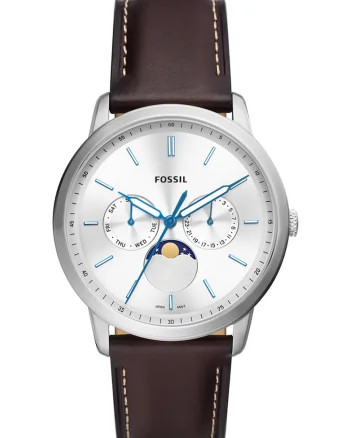 Ceas quartz cu o curea de piele, Argintiu/Maro inchis