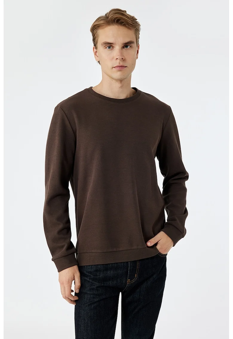Bluza de trening cu decolteu la baza gatului si model uni, Maro inchis