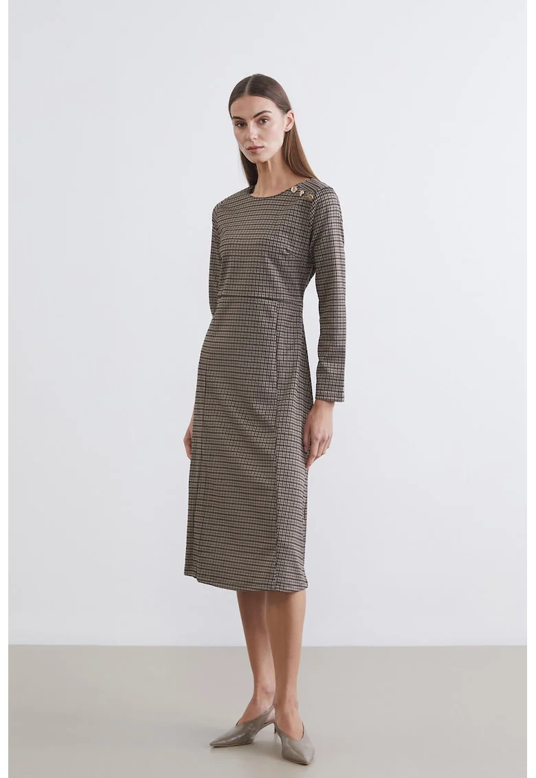 Rochie midi cu model houndstooth, Maro inchis
