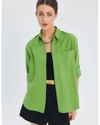 Camasa dama,  camasa cu maneca lunga, buzunar, verde menta, textil