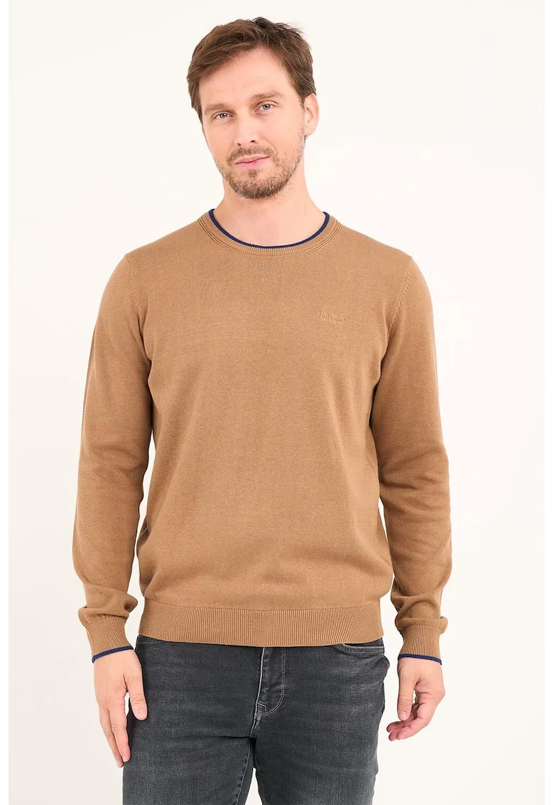 Pulover de bumbac cu decolteu la baza gatului, Maro camel