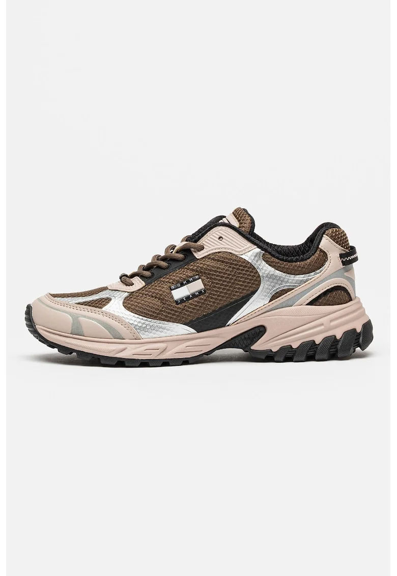 Pantofi sport din plasa cu aspect masiv si detalii cauciucate Outdoor, Maro inchis
