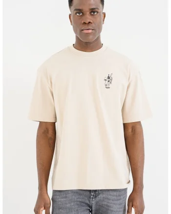 Tricou cu imprimeu si decolteu la baza gatului, Crem