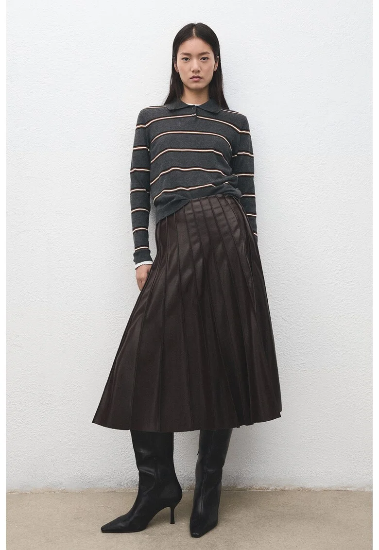 Bluza polo din amestec de lana cu dungi, Alb/Gri inchis