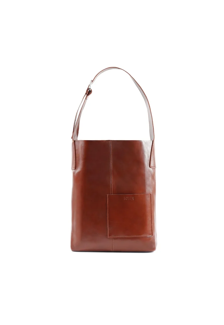 Geanta dama shopper  FL29 Elvoria, piele naturala, cu maner reglabil, organizator detasabil, buzunar exterior, eleganta si practica, Maro, 35,5 cm x 28 cm x 9,5 cm