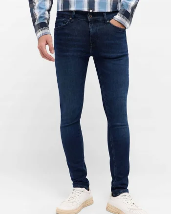 Blugi Barbati,  Atlanta, Skinny Fit, Talie Medie, Fermoar, Lungi, 5 Buzunare, Bumbac, Elastan, W32-L32 US, Albastru