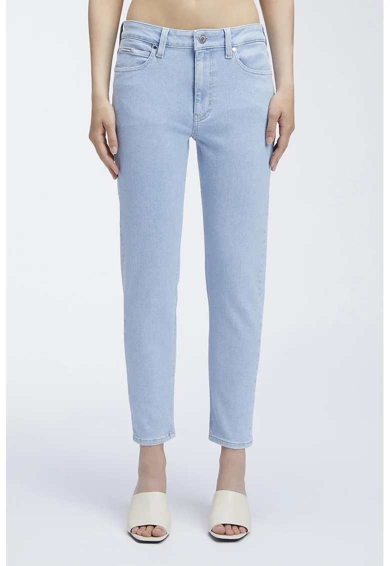 Blugi cu model uni, talie medie si croiala conica, Albastru deschis