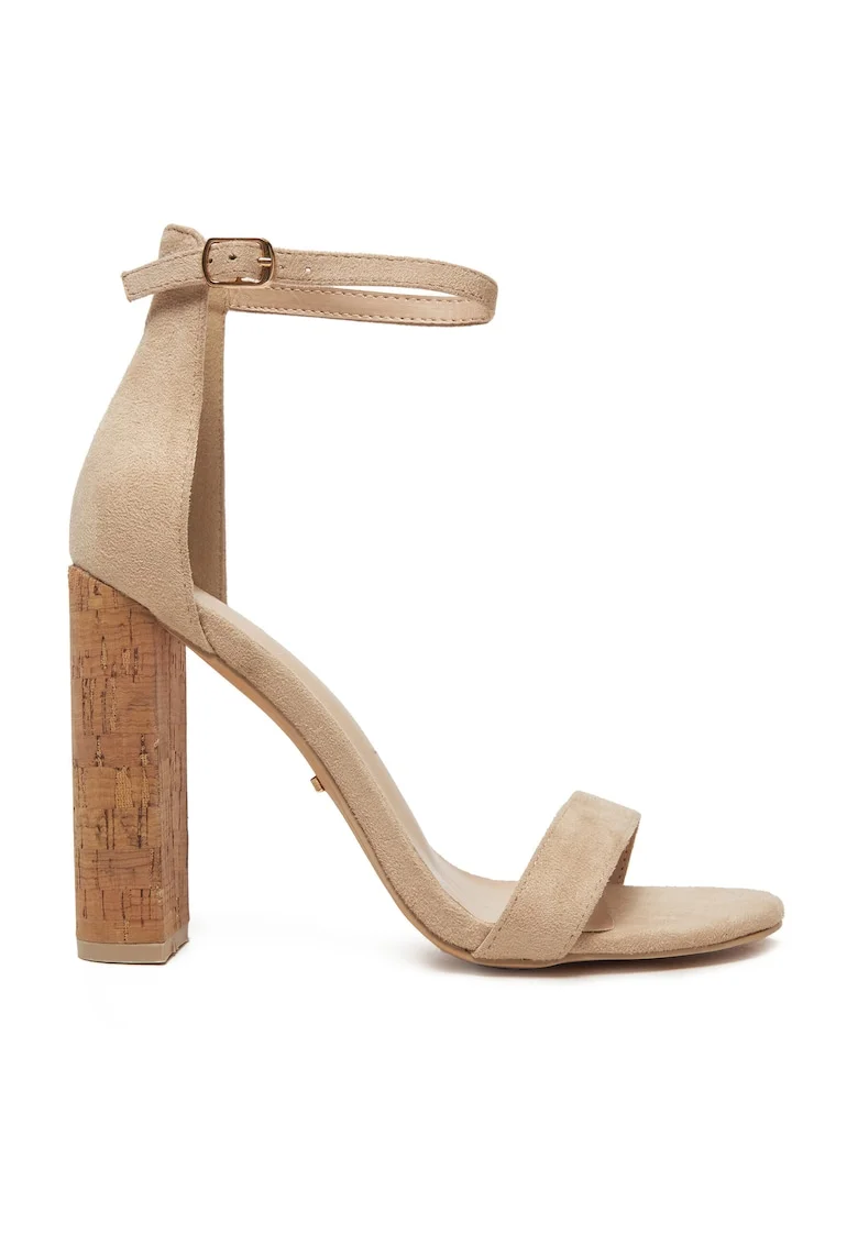 Sandale cu toc dama,  piele ecologica, bej,