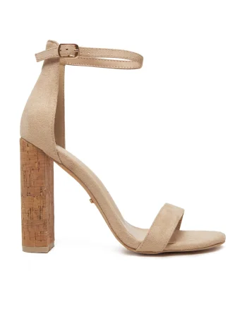 Sandale cu toc dama,  piele ecologica, bej,
