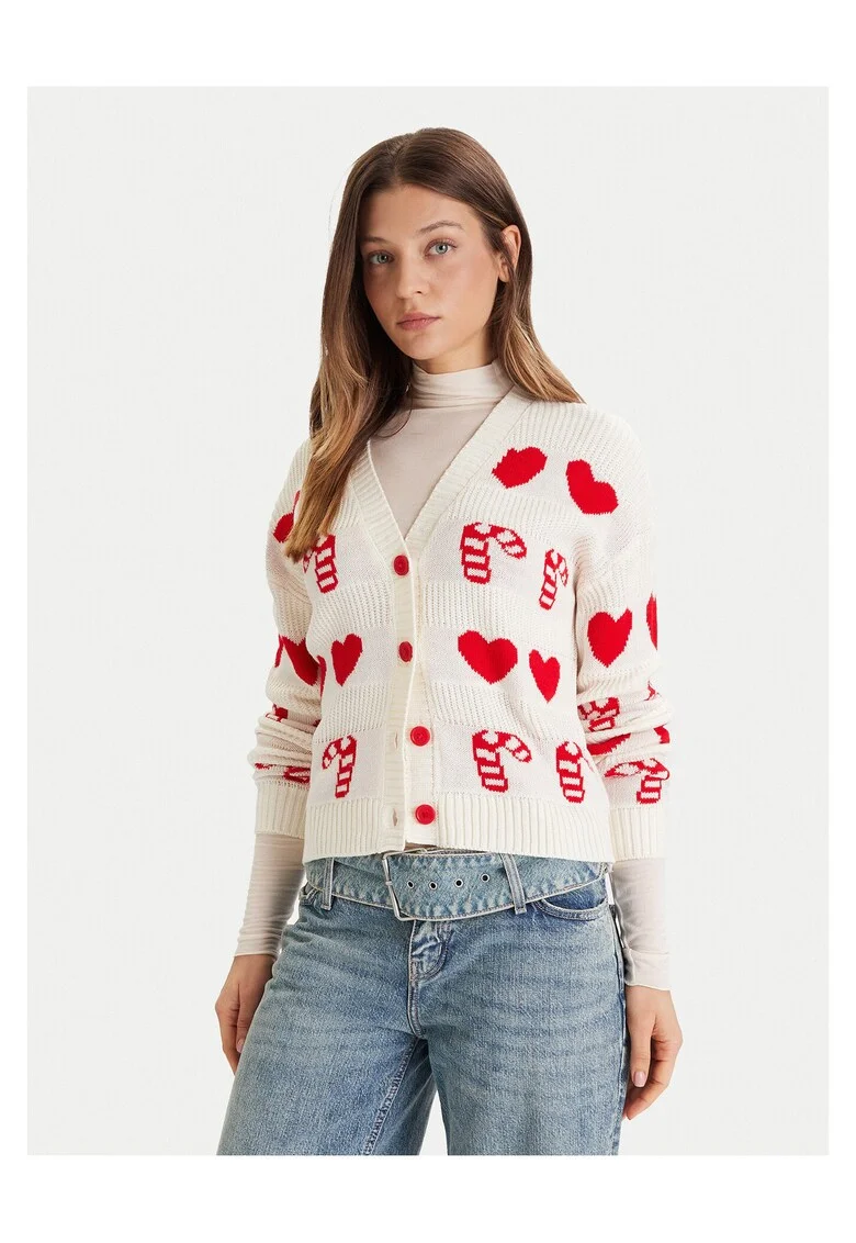 Cardigan dama  bej si rosu, pulover din tricot