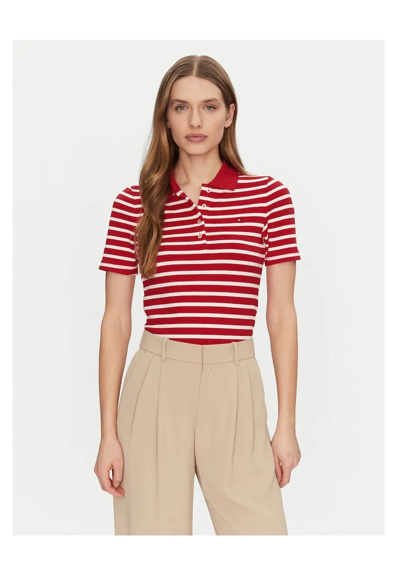 Tricou polo dama,  Rosu/Alb, Dungi,