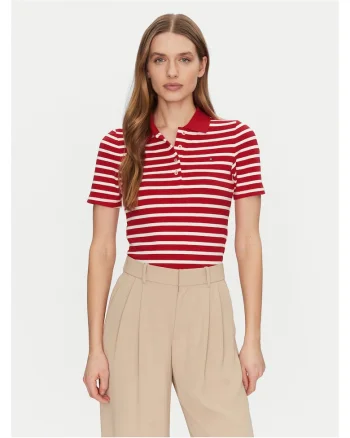 Tricou polo dama,  Rosu/Alb, Dungi,