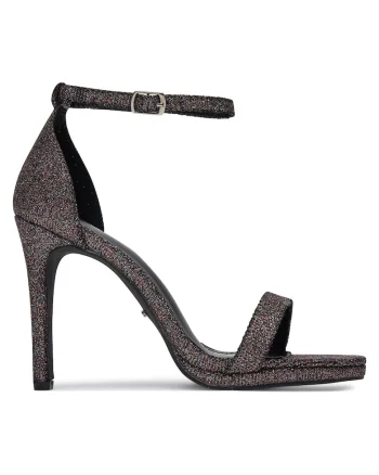 Sandale cu toc dama  NEW BUENA, tesatura, negre