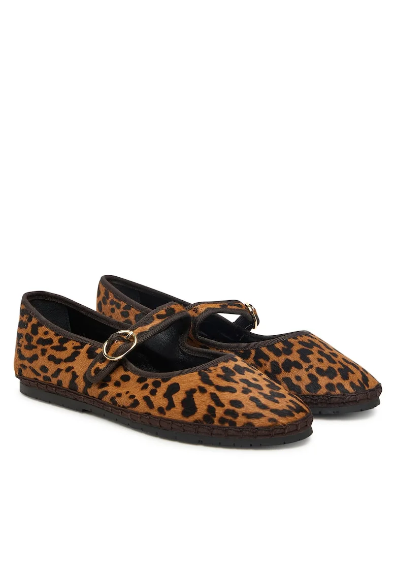 Balerini  piele naturala, imprimeu leopard, maro