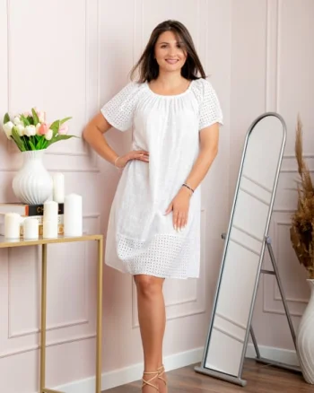 Rochie dama alba din bumbac Sandy cu perforatii