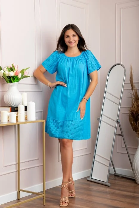 Rochie dama turcoaz aqua din bumbac Sandy cu perforatii