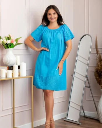 Rochie dama turcoaz aqua din bumbac Sandy cu perforatii