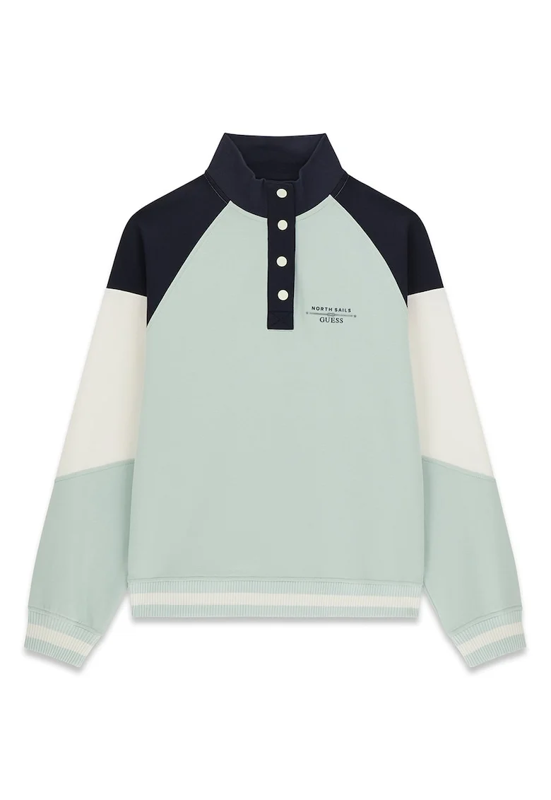 Bluza de trening cu model colorblock si fenta cu nasturi, Alb/Verde menta