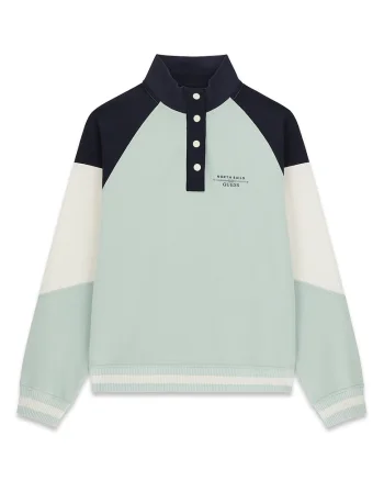 Bluza de trening cu model colorblock si fenta cu nasturi, Alb/Verde menta