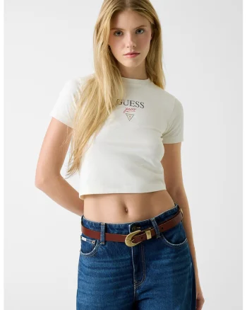 Tricou crop cambrat cu logo, Alb fildes
