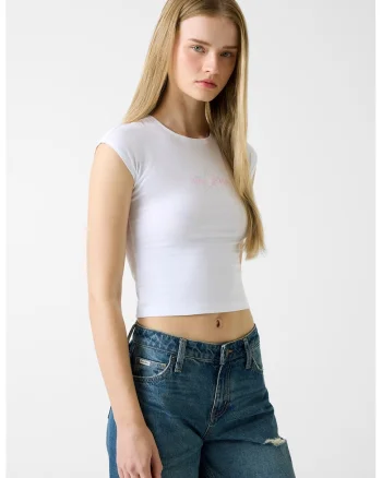Tricou crop cu logo, Alb optic