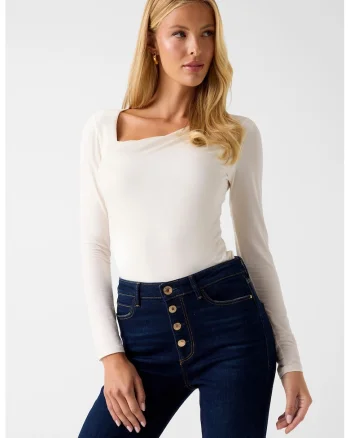 Bluza slim fit cu decolteu asimetric in V, Alb