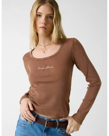 Bluza cu decolteu rotund si imprimeu logo, Maro
