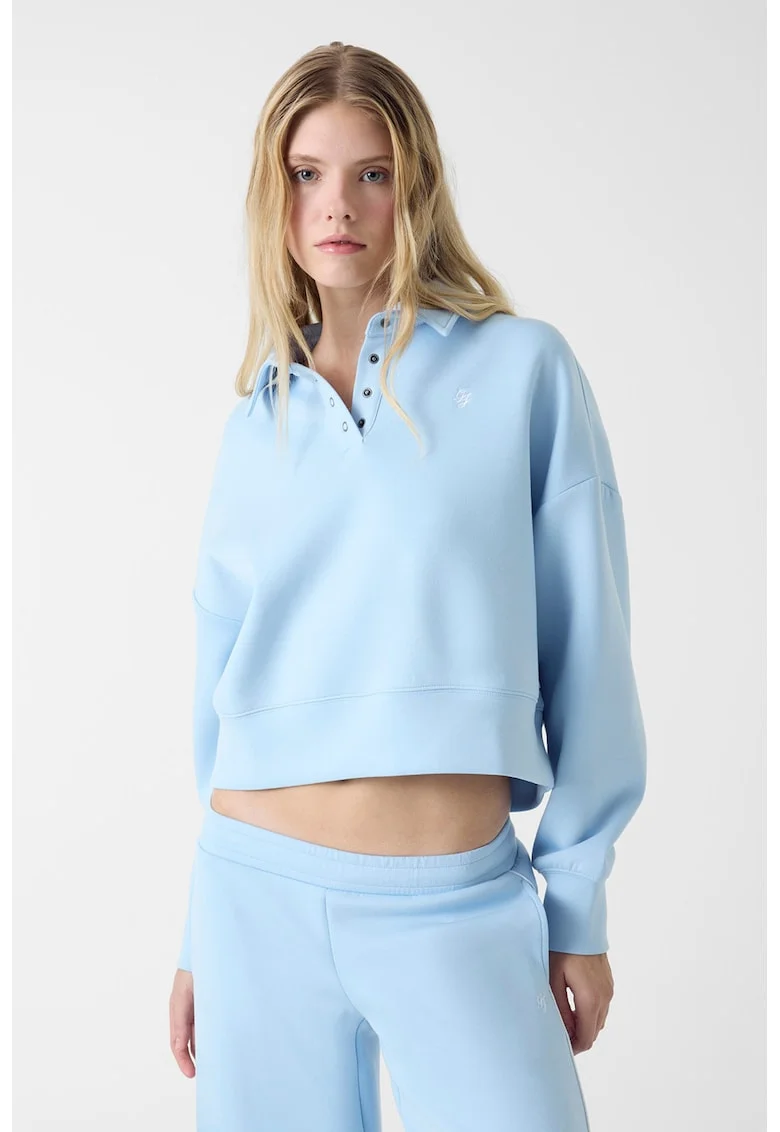Bluza de trening crop cu guler polo, Albastru glaciar