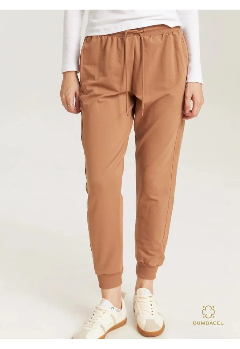 Pantaloni din bumbac, cu buzunare si manseta, pentru dame, Maro