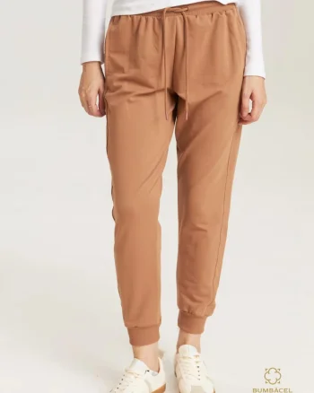 Pantaloni din bumbac, cu buzunare si manseta, pentru dame, Maro