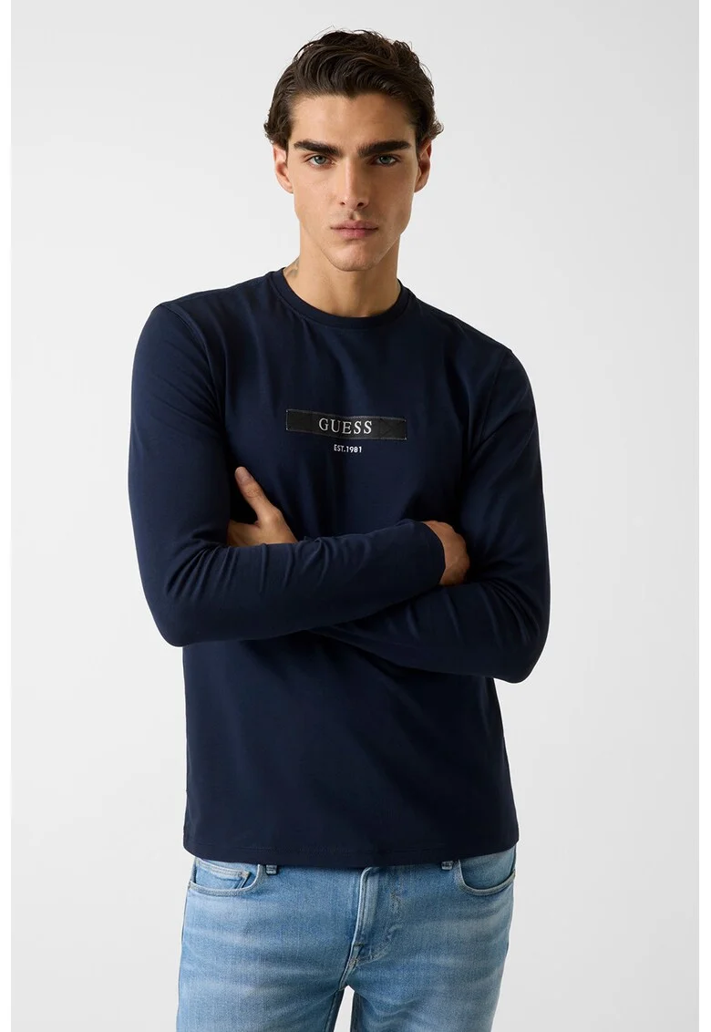 Bluza din amestec de bumbac cu detaliu logo, Bleumarin