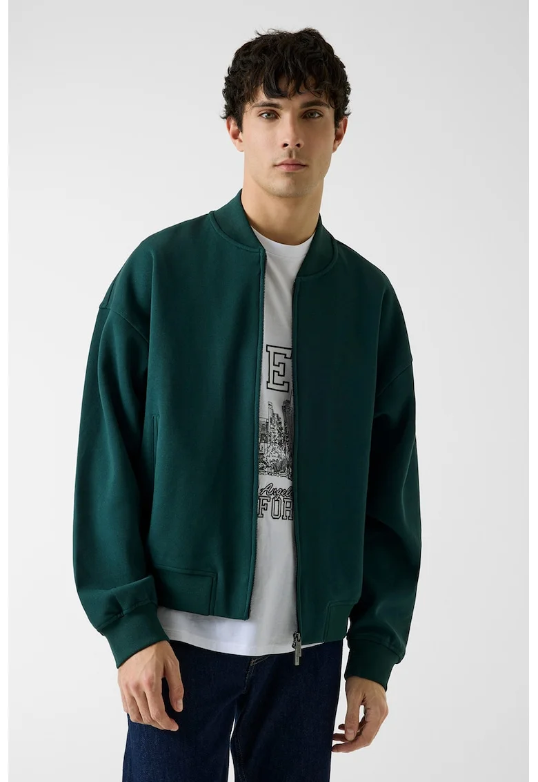Bluza de trening cu fermoar si maneci cazute, Verde englez