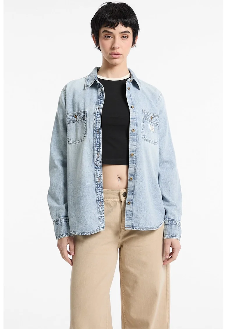 Camasa din denim cu buzunare pe piept, Albastru deschis